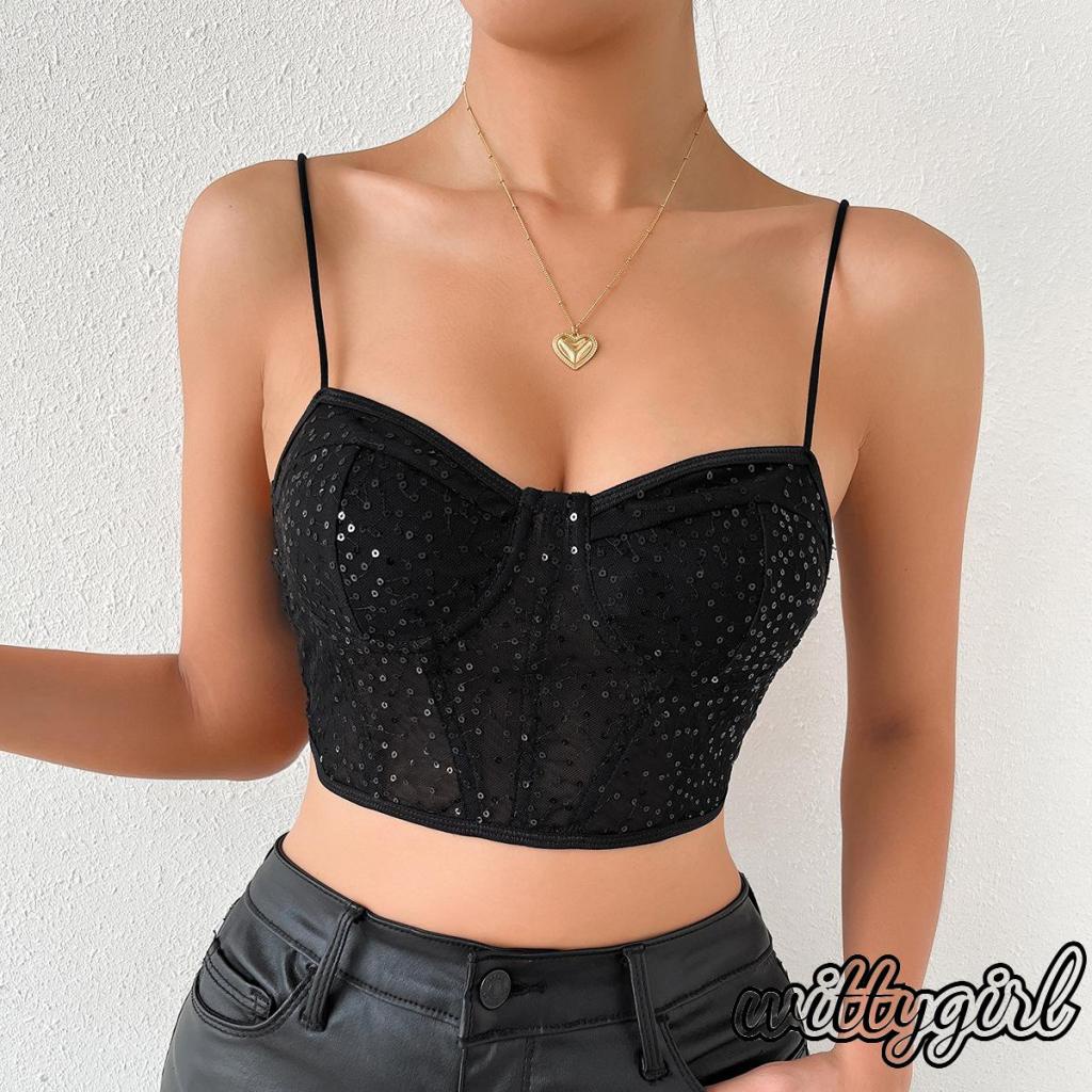 Áo Croptop Lưới Không Tay Hở Lưng Khoét Sâu Đính Kim Sa Lấp Lánh Thời Trang Mùa Hè Cho Bạn Gái
