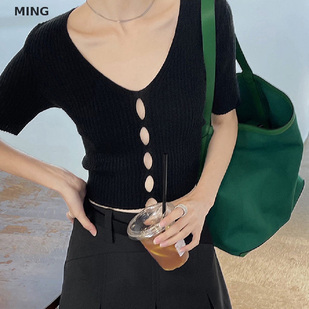 Áo Croptop Dệt Kim Tay Ngắn Cổ Chữ V Màu Sắc Đơn Giản Cho Nữ