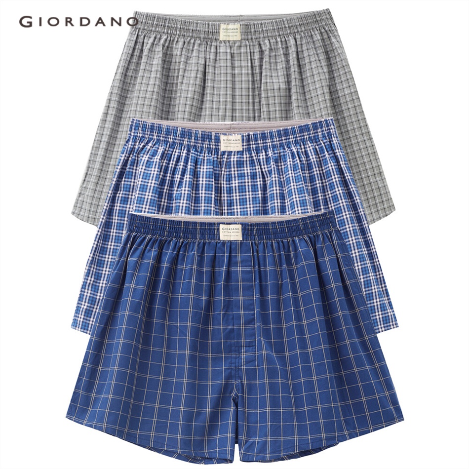 Set 3 quần boxer GIORDANO 01179139 cotton họa tiết sọc caro dành cho nam