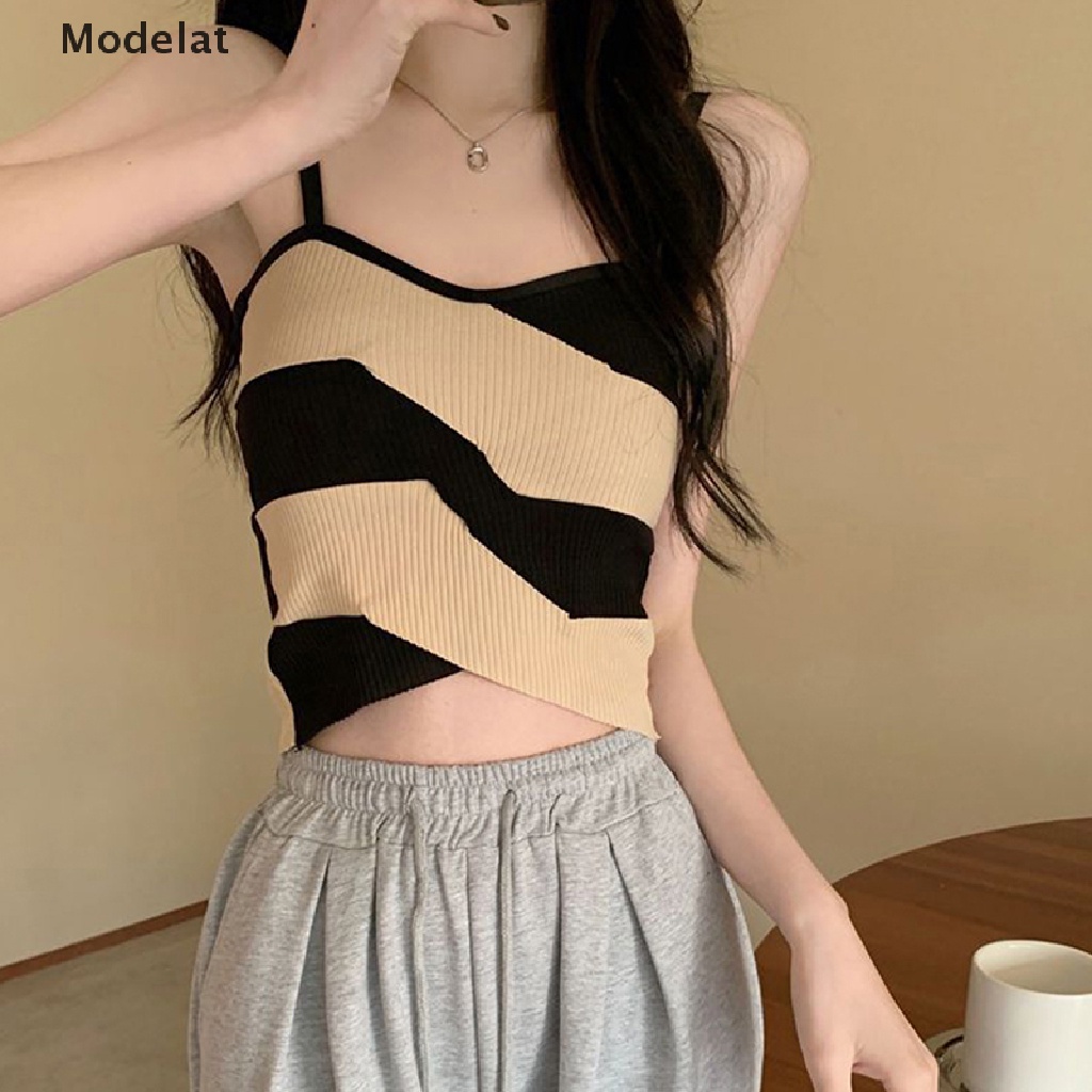 Áo Croptop Dệt Kim Không Tay Dáng Ôm Họa Tiết Kẻ Sọc Màu Sắc Thời Trang Mùa Hè Quyến Rũ Cho Nữ