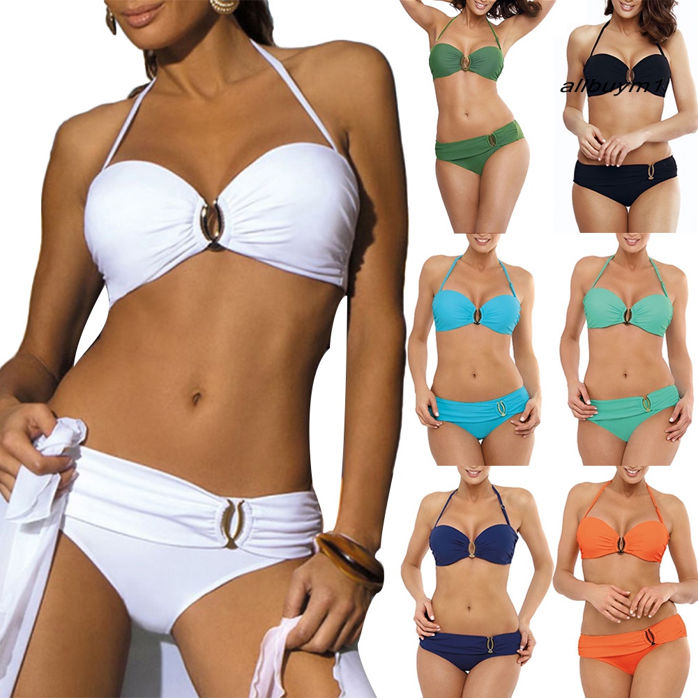 Bộ Đồ Bơi Bikini Không Dây Có Đệm Ngực Màu Trơn Dành Cho Nữ