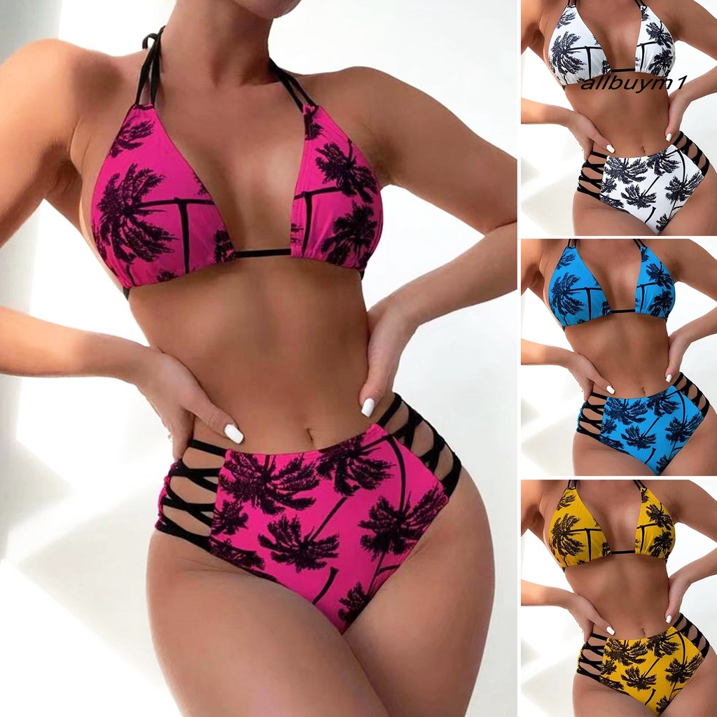 Bộ Đồ Bơi 2 Mảnh Lưng Cao Hở Lưng Họa Tiết Cây Cọ Quyến Rũ Cho Nữ