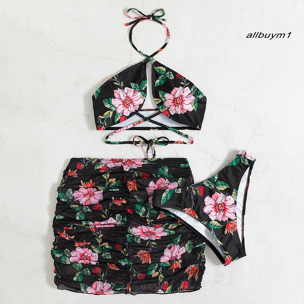Bộ Đồ Bơi 3 Mảnh Gồm Áo Quấn Quanh Cổ Yếm Và Chân Váy In Họa Tiết Hoa Phong Cách Thể Thao Thời Trang Quyến Rũ Cho Nữ