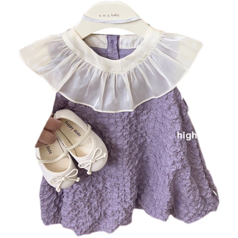 Đầm Công Chúa Màu Tím Cổ Búp Bê Phong Cách Phương Tây Thời Trang Mùa Hè Cho Bé Gái