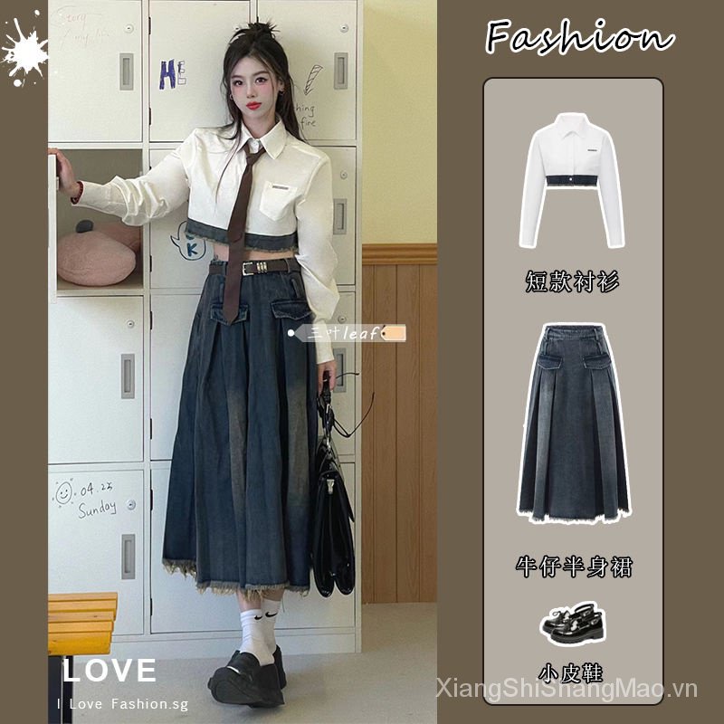 Bộ Áo Sơ Mi Denim Tay Dài Phối Chân Váy Ngắn Lưng Cao Phong Cách Preppy Thời Trang Xuân Hè Mới 2023