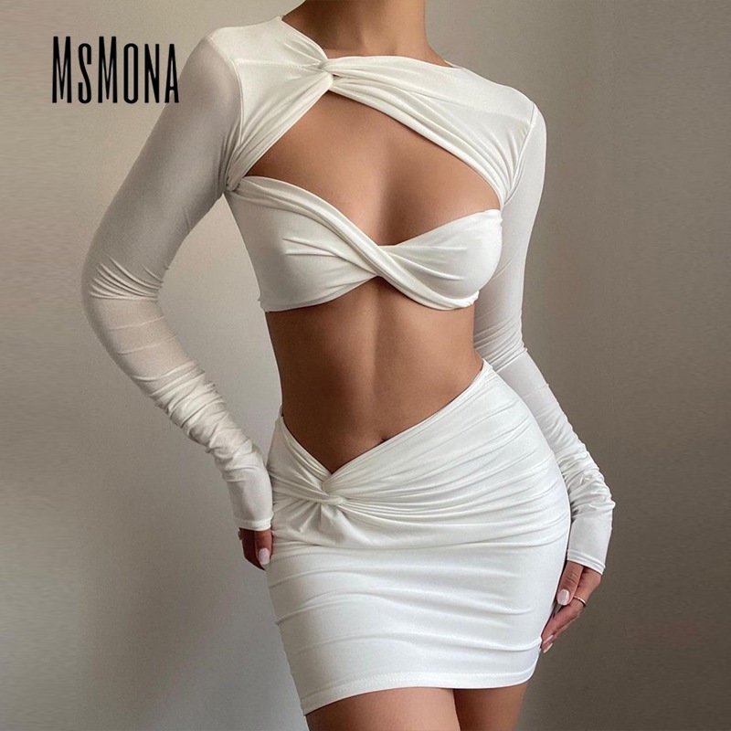 Bộ Áo Tay Dài Cổ Tròn + Chân Váy Xẻ Tà Màu Trơn Thời Trang 2023 Quyến Rũ Cho Nữ