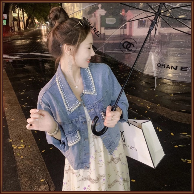 Áo Khoác Denim Tay Dài Đính Hạt Thời Trang Dành Cho Nữ