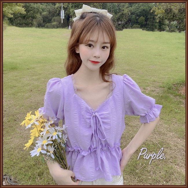 Áo Kiểu Tay Phồng Cổ Chữ V Phối Ren Thắt Nơ Màu Sắc Ngọt Ngào Thời Trang Cho Nữ