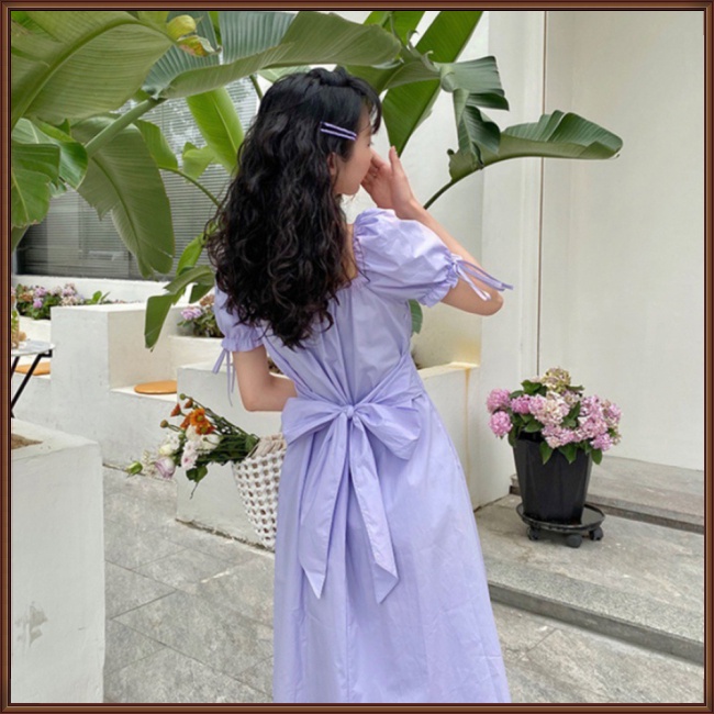 Đầm Dài Cổ Vuông Tay Phồng Thắt Nơ Eo Màu Trơn Thời Trang Dành Cho Nữ