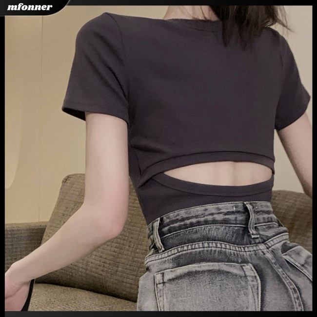 Áo Thun Ngắn Tay Cổ Tròn Hở Lưng Ôm Dáng Gợi Cảm Cho Nữ