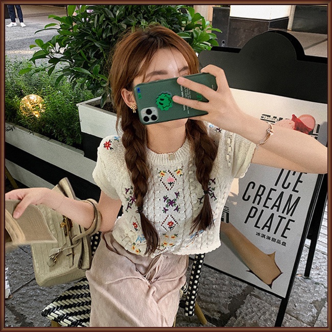 Áo Sweater Dệt Kim Tay Ngắn Cổ Tròn Thêu Hoa Kiểu Cổ Điển Dễ Thương Cho Nữ