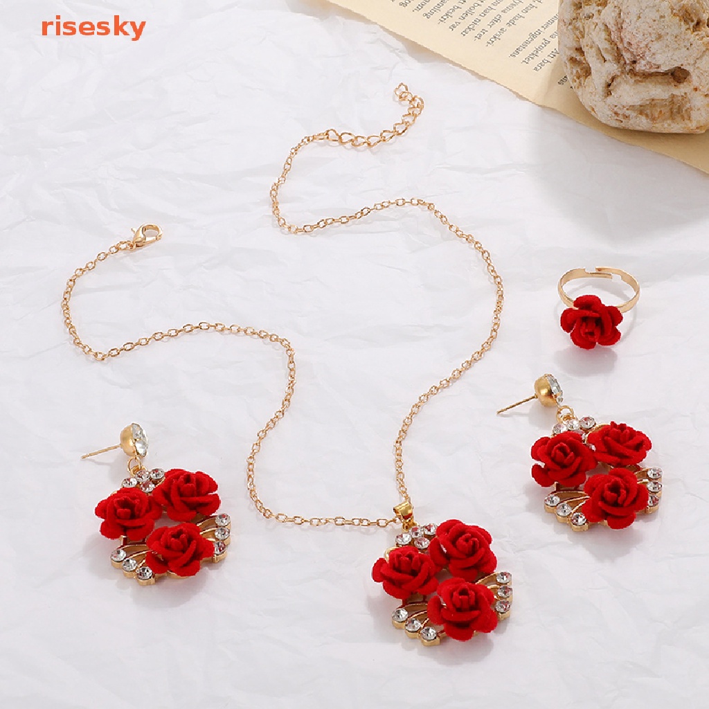 Bộ Trang Sức Vòng cổ / Nhẫn / Bông Tai Hình Hoa Hồng Đính Đá Zircon Phối Nhung Đỏ Lãng Mạn Thời Trang Cho Nữ