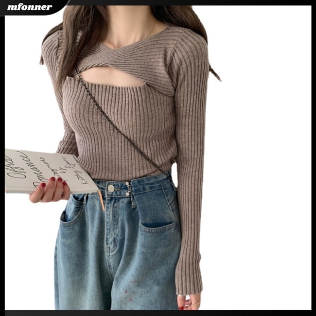 Áo Sweater Dệt Kim Tay Dài Dáng Ôm Màu Trơn Khoét Lỗ Sáng Tạo Thời Trang Cho Bạn Gái