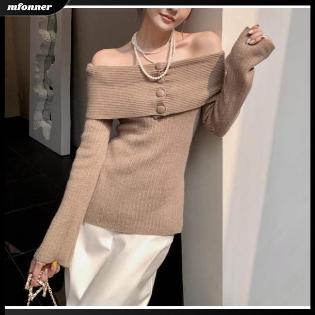 Áo Sweater Dệt Kim Trễ Vai Tay Dài Dáng Ôm Màu Trơn Thời Trang Quyến Rũ Cho Nữ