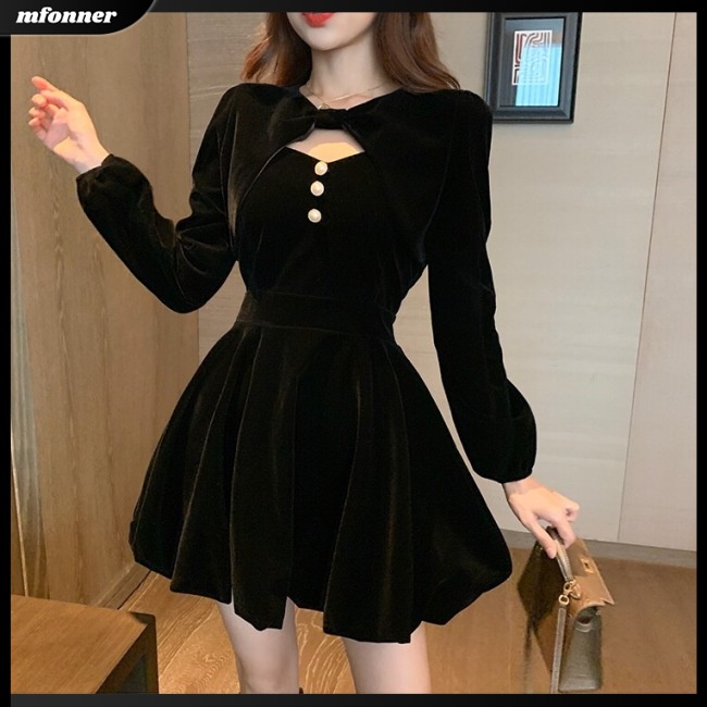 Đầm Nhung Dài Tay Cổ Chữ V Màu Trơn Dáng Chữ A Lưng Cao Thời Trang Dành Cho Nữ