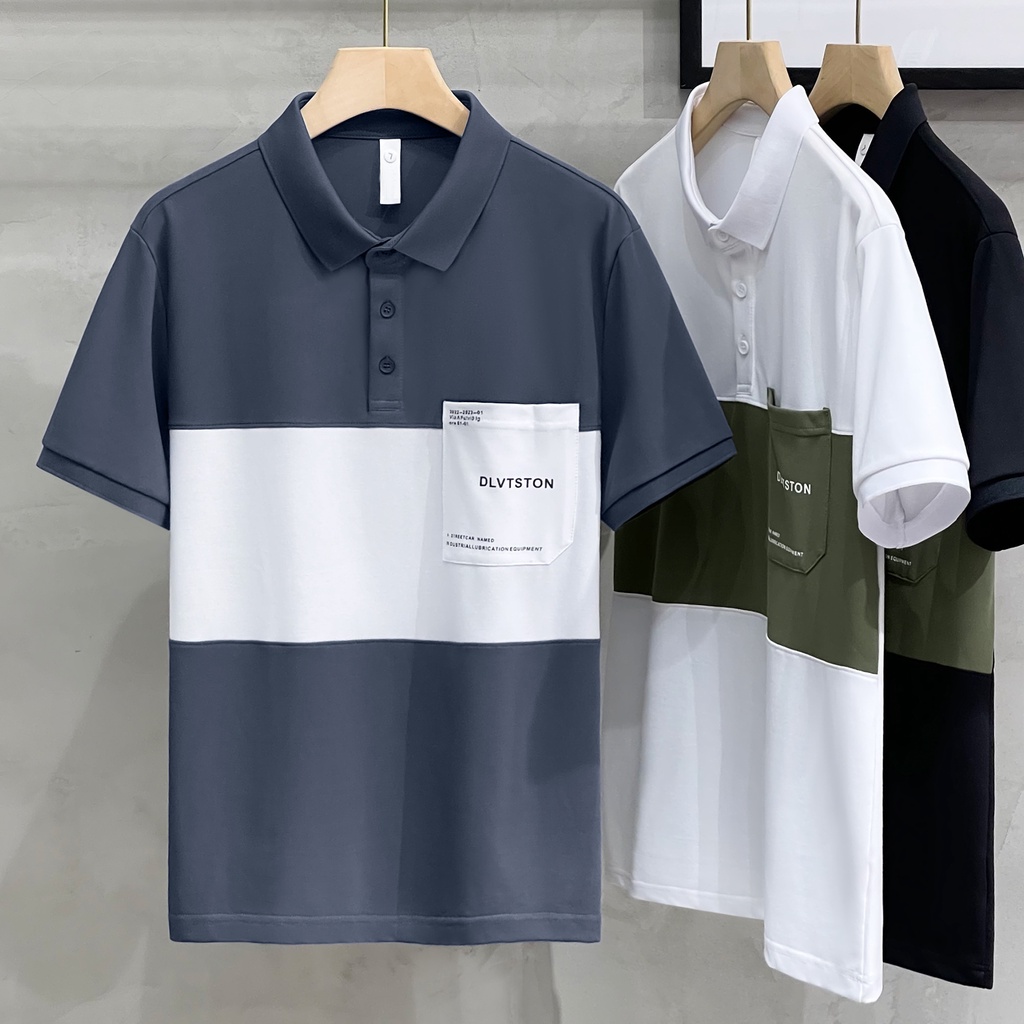 Áo Thun POLO Cotton Tay Ngắn Phối Lưới Đính Hạt Cườm Họa Tiết Kẻ Sọc Thời Trang Xuân Hè Cho Nam