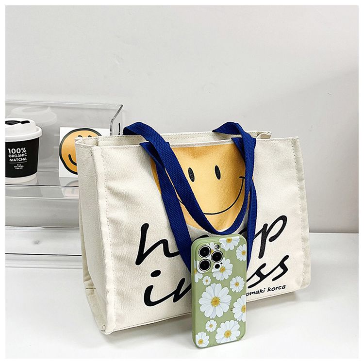 Mới Túi Xách Nữ Vải Canvas In Hình Mặt Cười Xinh Xắn