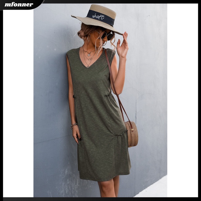 Đầm Chữ A Sát Nách Dáng Rộng Cổ Chữ V Màu Sắc Đơn Giản Cho Nữ