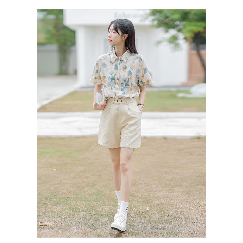 Áo sơ mi SUXI dáng suông tay cộc cổ gập in họa tiết thời trang mùa hè cho nữ