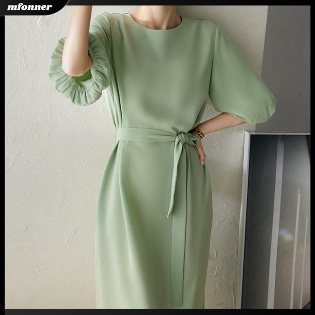 Đầm Midi Dáng Chữ A Cổ Tròn Tay Phồng Màu Trơn Thời Trang Mùa Hè Cho Nữ