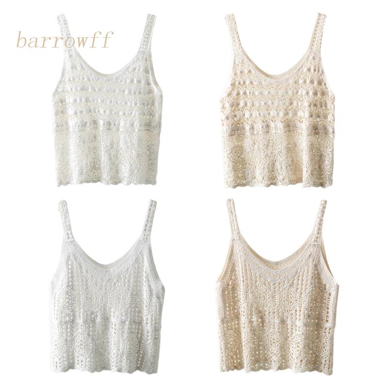 Brroa Áo Dệt Kim Chui Đầu Không Tay Dáng Rộng Cổ Chữ V Viền Gợn Sóng Phong Cách Boho Thời Trang Đi Biển Cho Nữ