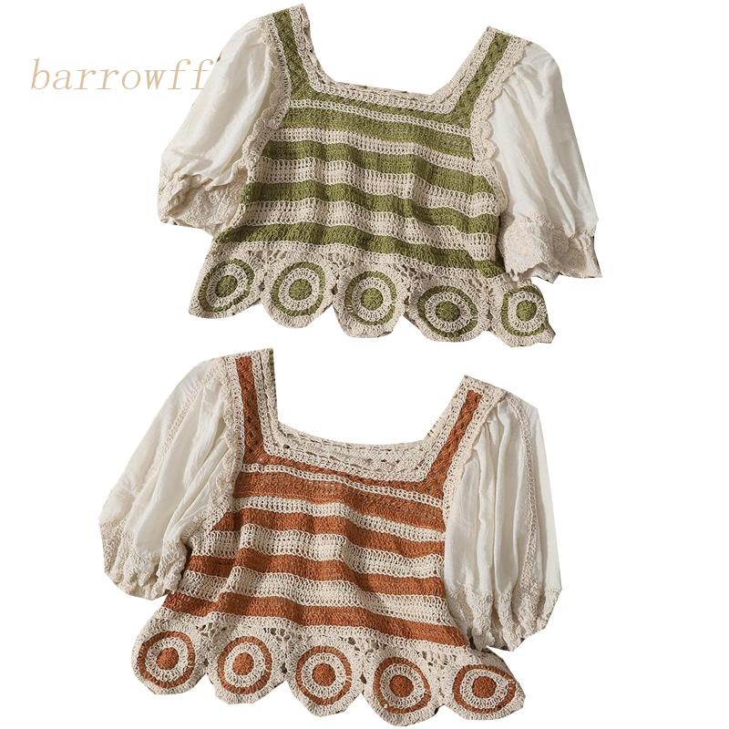 Brroa Áo Croptop Dệt Kim Tay Ngắn Phồng Cổ Vuông Họa Tiết Kẻ Sọc Màu Sắc Tương Phản Cổ Điển Cho Nữ Bl