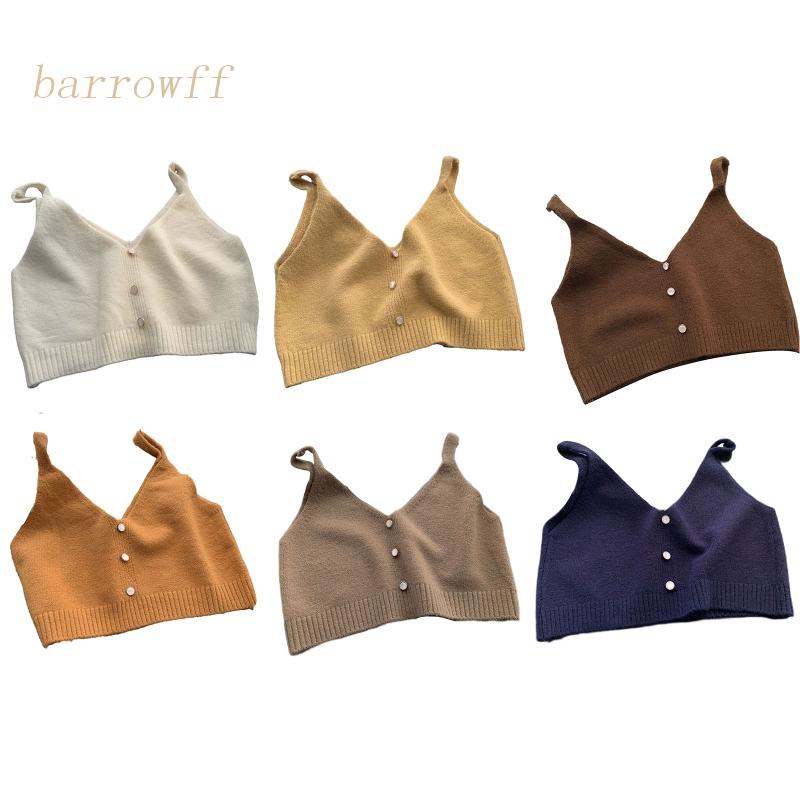 Áo Croptop Dệt Kim Hai Dây Màu Sắc Đơn Giản Cổ V Cài Nút Trước Thời Trang Cho Nữ