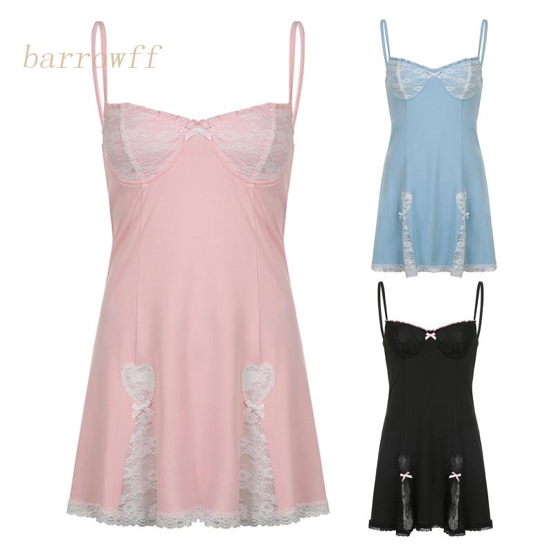 Đầm Mini Hai Dây Cổ Chữ V Khoét Sâu Phối Ren Đính Nơ Màu Sắc Ngọt Ngào Quyến Rũ Cho Nữ