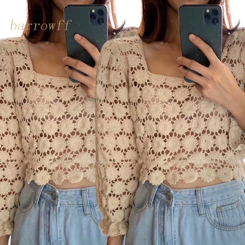 Brroa Áo Kiểu Dệt Kim Tay Phồng 3 / 4 Cổ Vuông Phối Ren Xuyên Thấu Thời Trang Cho Nữ Cr