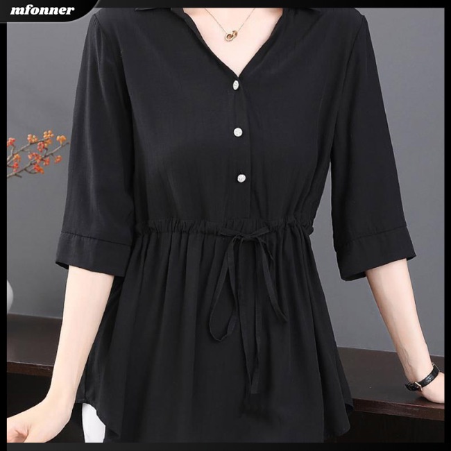 Áo Sơ Mi Cotton Tay Lửng Cổ Chữ V Màu Sắc Đơn Giản Dành Cho Nữ