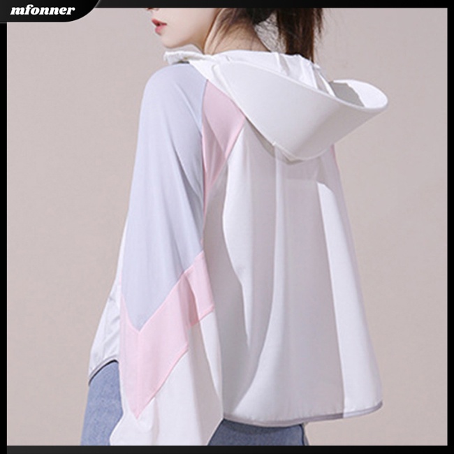 Áo Khoác Chống Nắng Tay Dài Có Mũ Vải Lụa Lạnh Mỏng Màu Sắc Tương Phản Thời Trang Cho Nữ