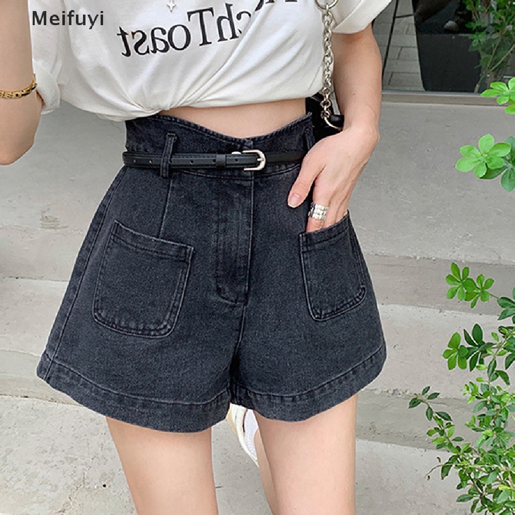 [Meifuyi] Quần Short Jean Ống Rộng Lưng Cao Không Đối Xứng Cổ Điển Thời Trang Hàn Quốc