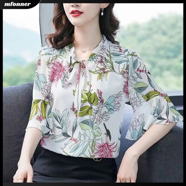 Áo Sơ Mi Chiffon Tay Lửng Cổ Chữ V In Họa Tiết Hoa Thời Trang Cho Nữ