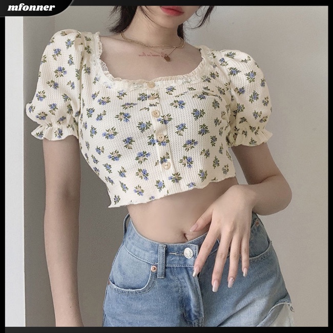 Áo Croptop Cổ Vuông Tay Phồng In Họa Tiết Hoa Phong Cách Retro Cho Nữ