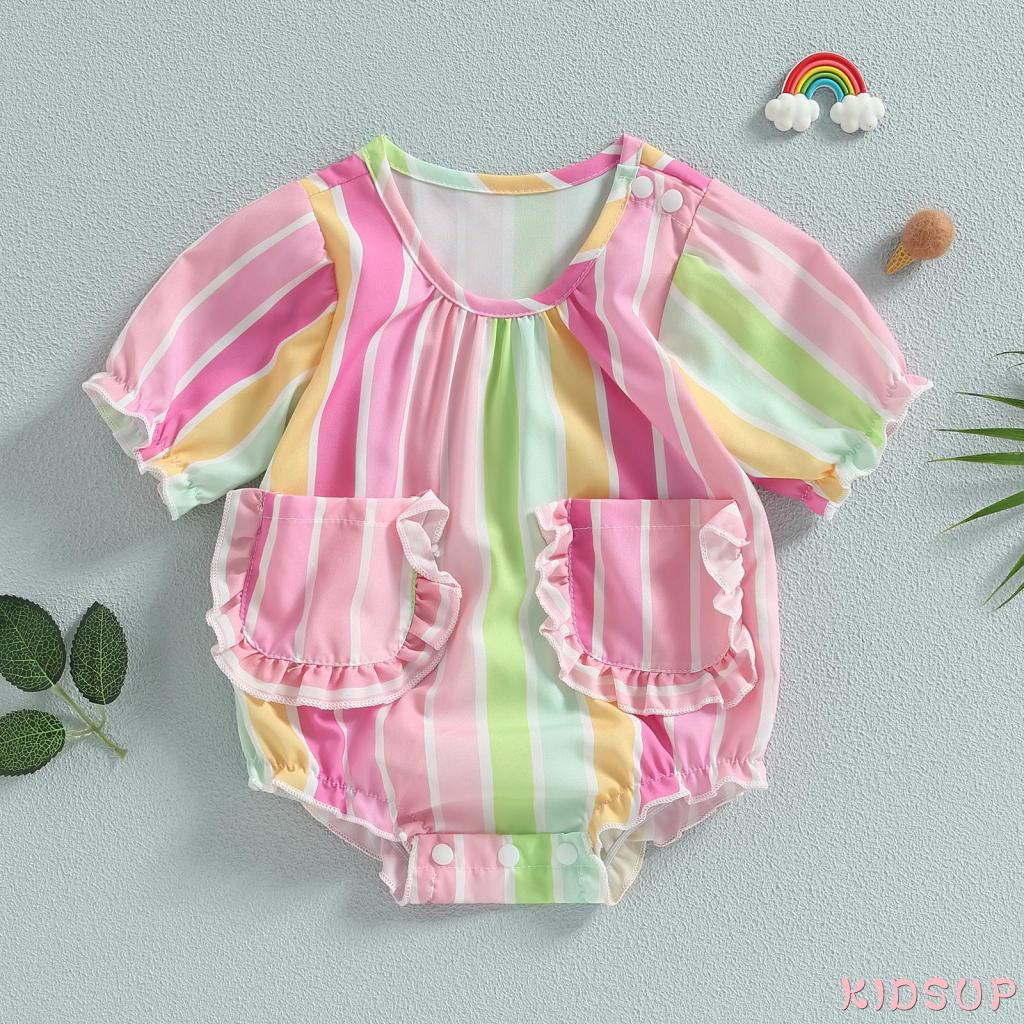 Bộ Áo Liền Quần Cổ Tròn Tay Ngắn Phối 2 Túi Thời Trang Mùa Hè Cho Bé Gái 1 Tuổi