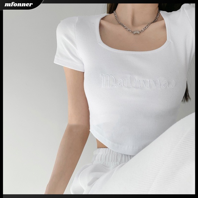 Áo Thun Croptop Tay Ngắn Cổ Chữ U Thêu Chữ Thời Trang Cho Nữ