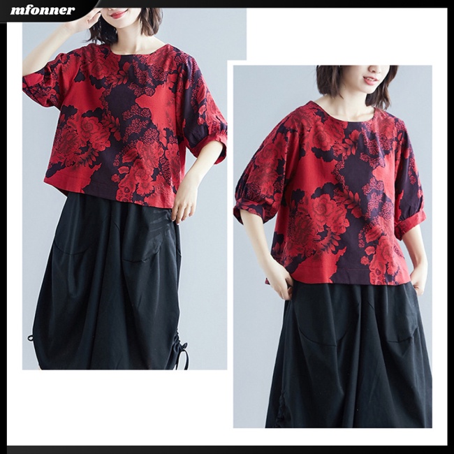 Áo Thun Tay Lửng Dáng Rộng In Hoa Phong Cách Dân Tộc Cổ Điển Dành Cho Nữ