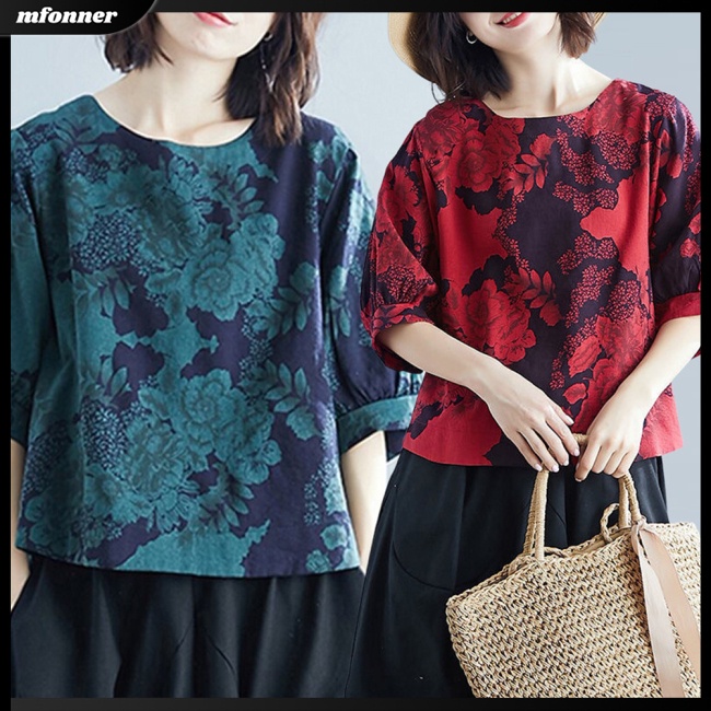 Áo Thun Tay Lửng Dáng Rộng In Hoa Phong Cách Dân Tộc Cổ Điển Dành Cho Nữ