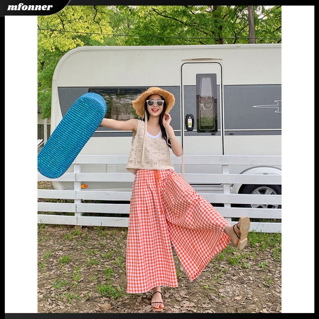 Quần Culottes Lưng Cao Ống Rộng Họa Tiết Sọc Caro Phong Cách Retro