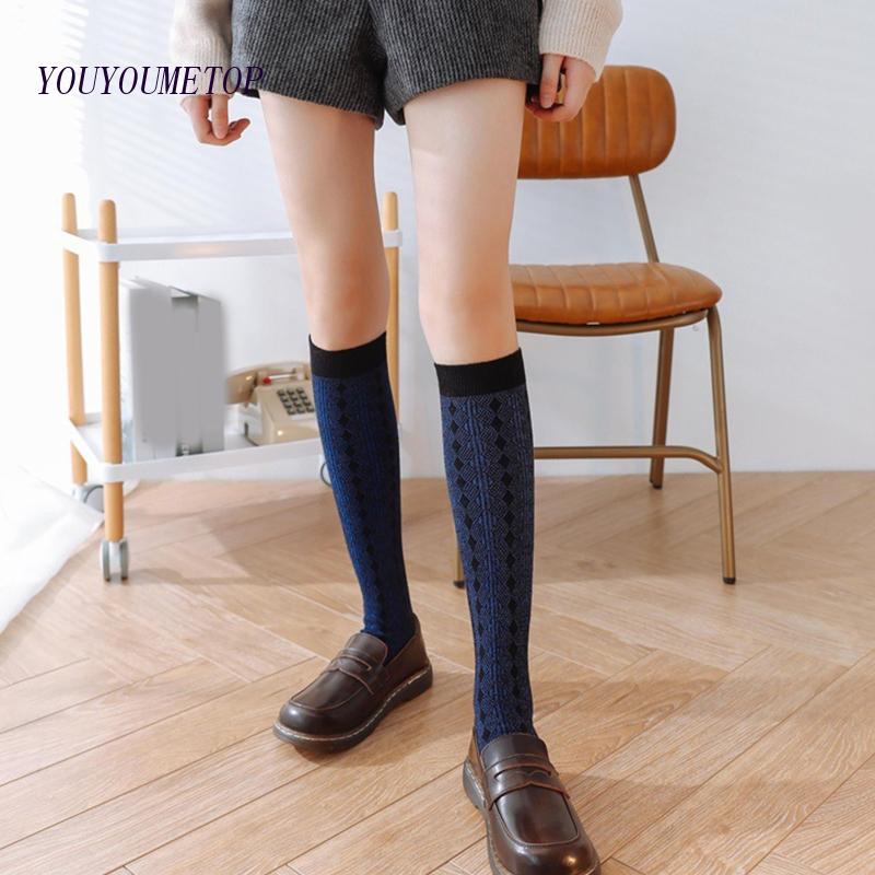 Youyo Vớ Cotton Cao Đến Đầu Gối Harajuku Kẻ Sọc Kim Cương Màu Trơn Cổ Điển Hàn Quốc Cho Nữ Sinh