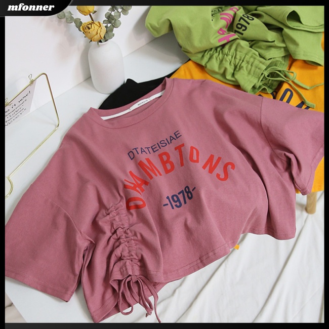 Áo Thun Croptop Tay Ngắn Phối Dây Rút In Họa Tiết Thời Trang Cá Tính Cho Nữ