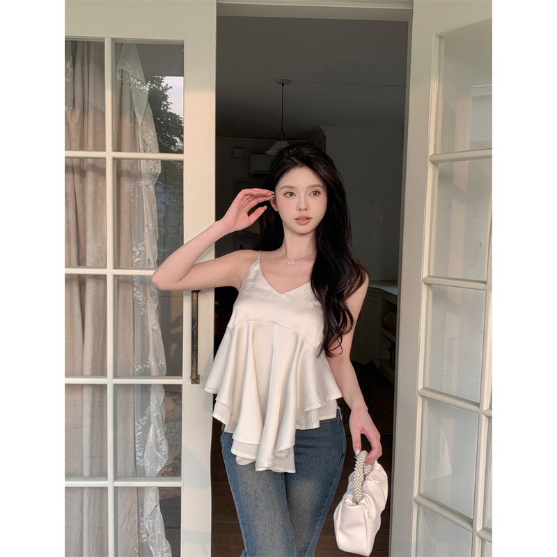 Áo Hai Dây Cổ Chữ V Chất Liệu Satin Thời Trang Mùa Hè Hàn Quốc Cho