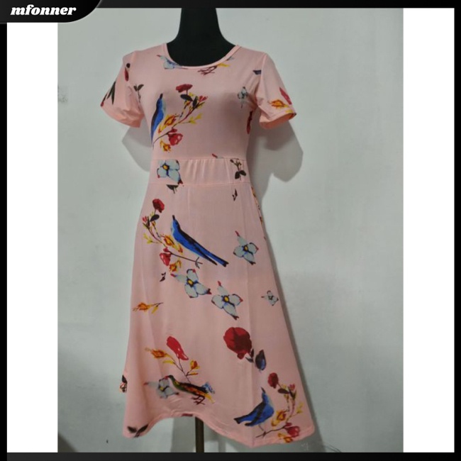 Đầm Dài Vừa Tay Ngắn In Họa Tiết Hoa &amp; Chim Thời Trang Mùa Hè Xinh Xắn Cho Nữ