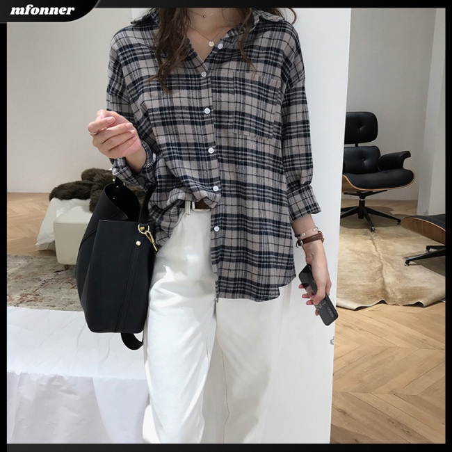 Áo Sơ Mi Nữ Tay Dài Dáng Rộng Họa Tiết Caro Kiểu Retro