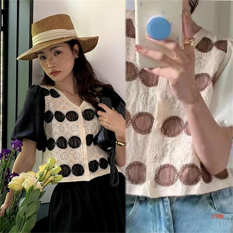 Áo Sơ Mi Tay Ngắn Phồng Thêu Họa Tiết Hình Học Đính Nút Thời Trang Cho Nữ