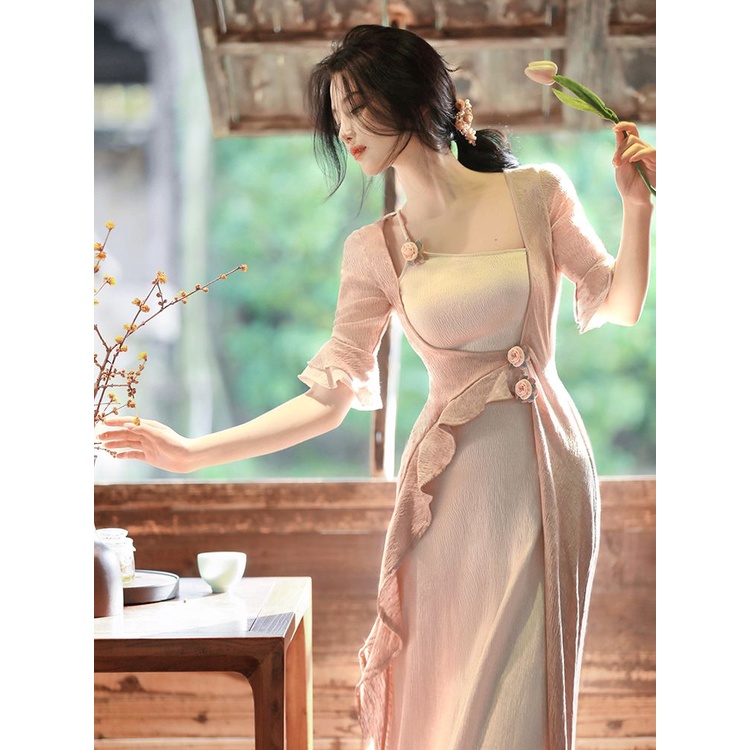 Đầm Giả Hai Lớp Phối Bèo Phong Cách Retro Đồng Quê Trung Hoa Chất Lượng Cao Dành Cho Nữ Sl