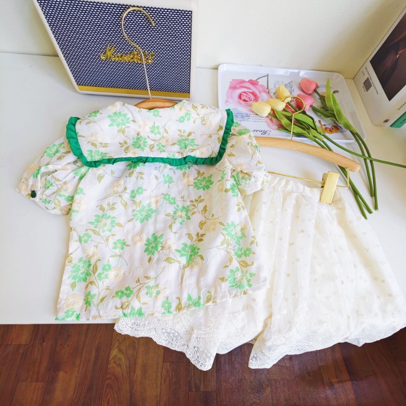 Set Áo Sơ Mi Hoa Cổ Ren Và Chân Váy Thời Trang Mùa Hè Xinh Xắn Cho Bé Gái Ancorelala2023
