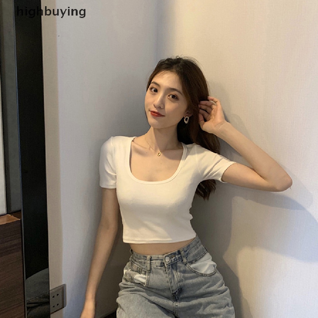 Áo Thun Lửng Cổ Vuông Tay Ngắn Màu Sắc Đơn Giản Cho Nữ
