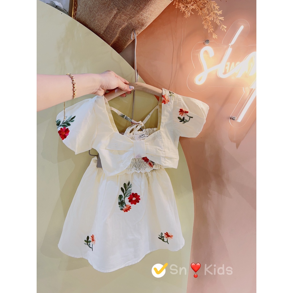 SET Váy maxi hoa kem dáng dài áo có bo siêu thoải mái cho bé
