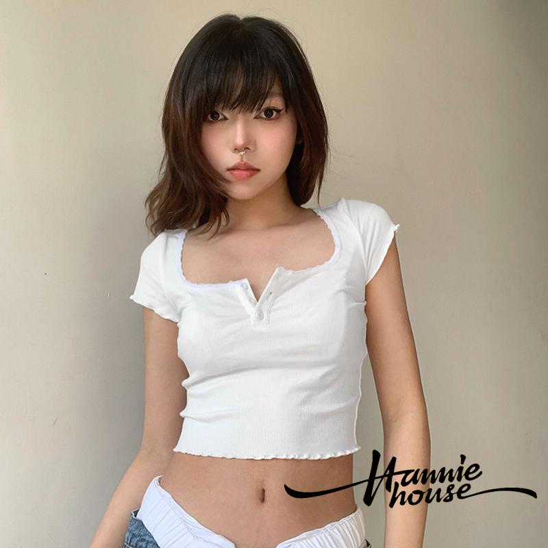 Áo Croptop Dệt Kim Cổ Vuông Tay Ngắn Thời Trang Cho Nữ